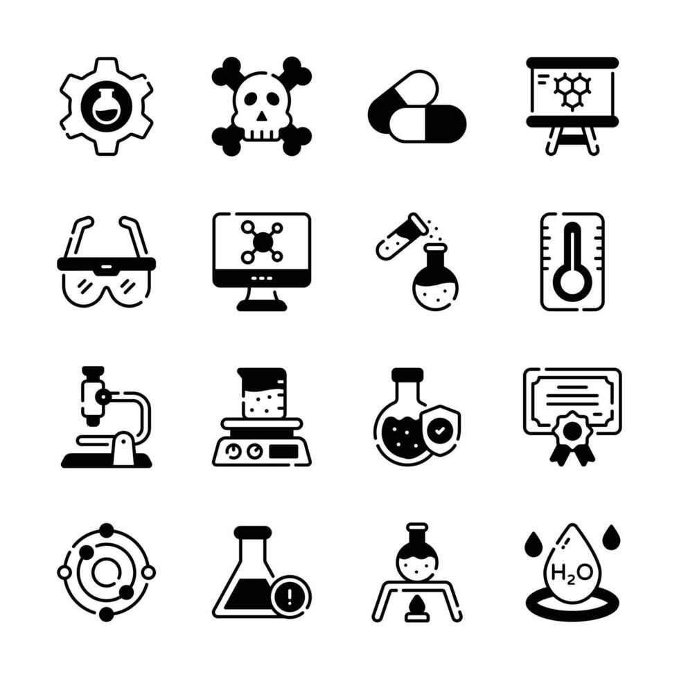 Here is a latest collection of science lab and chemistry glyph icons vector