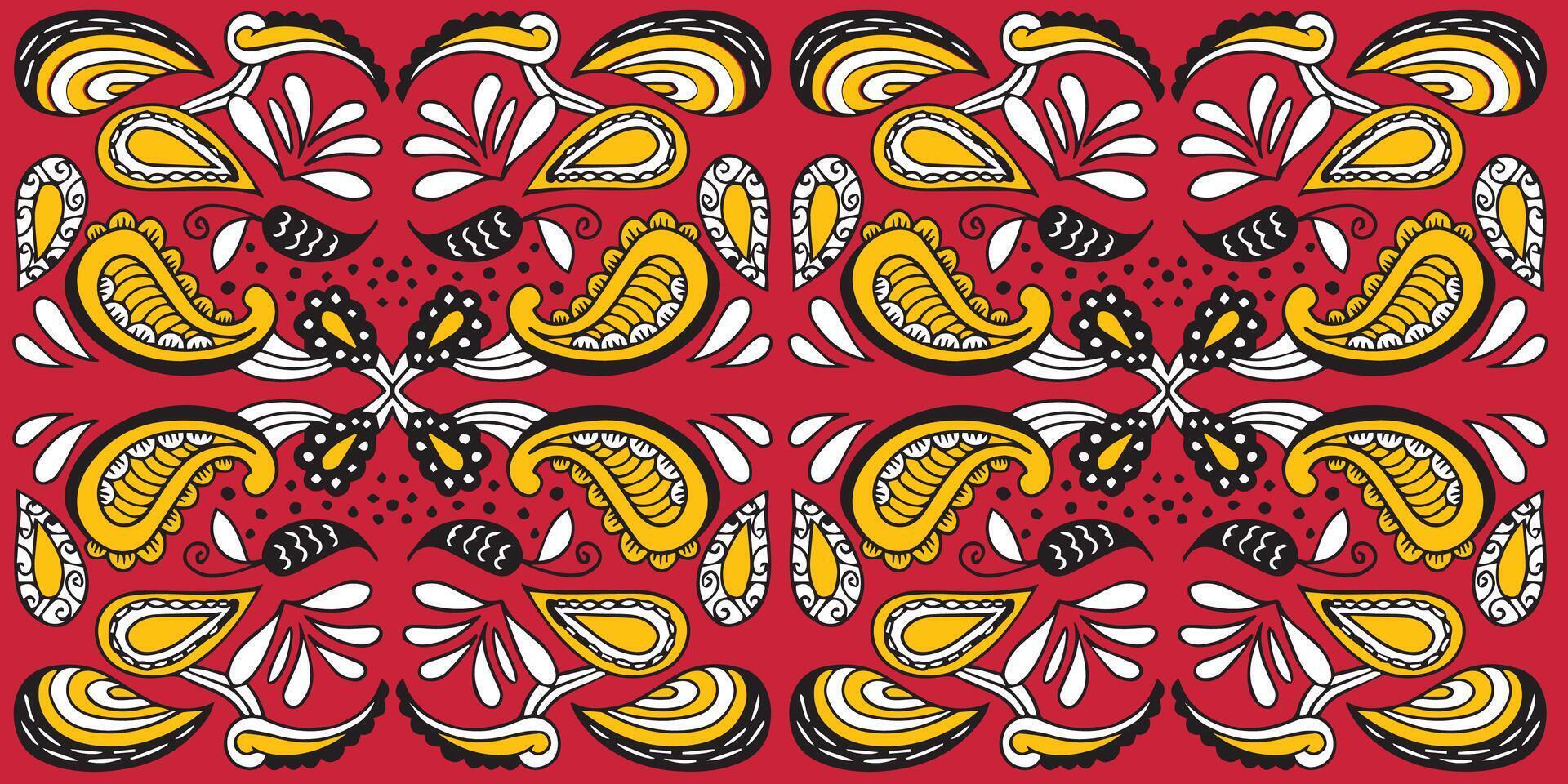 African ethnic paisley red, yellow pattern. seamless beautiful Kitenge, chitenge, dutch wax style. fashion design in red paisley. botanical abstract motif. floral Ankara prints, African wax prints. vector