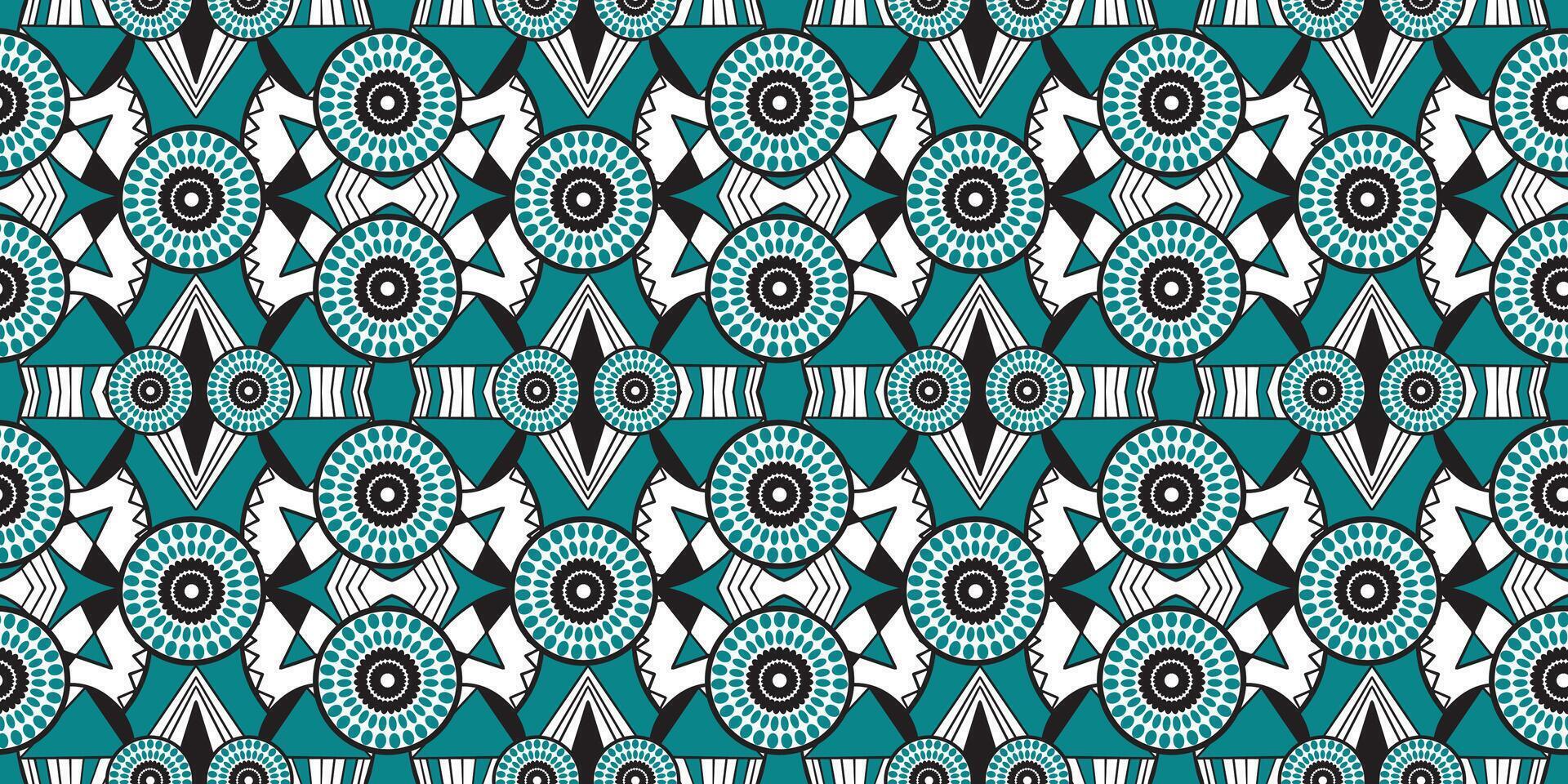 African ethnic traditional green pattern. seamless beautiful Kitenge, chitenge, Ankara style. fashion design in teal. Geometric circle abstract motif. Floral Ankara prints, African wax prints vector