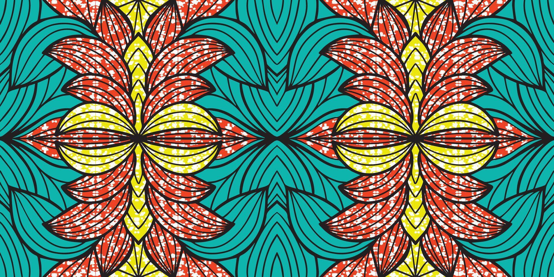 African ethnic green teal, red pattern. seamless beautiful Kitenge pattern, chitenge ethnic style. fashion design in Africa. floral abstract motif. Ankara flower pattern prints, African wax prints. vector