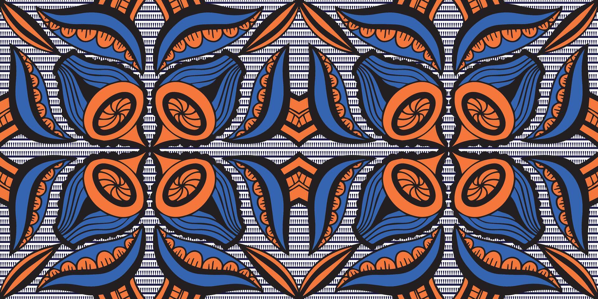 African ethnic blue, orange pattern. seamless beautiful Kitenge pattern, chitenge ethnic style. fashion design in Africa. floral abstract motif. Ankara flower pattern prints, African wax prints. vector