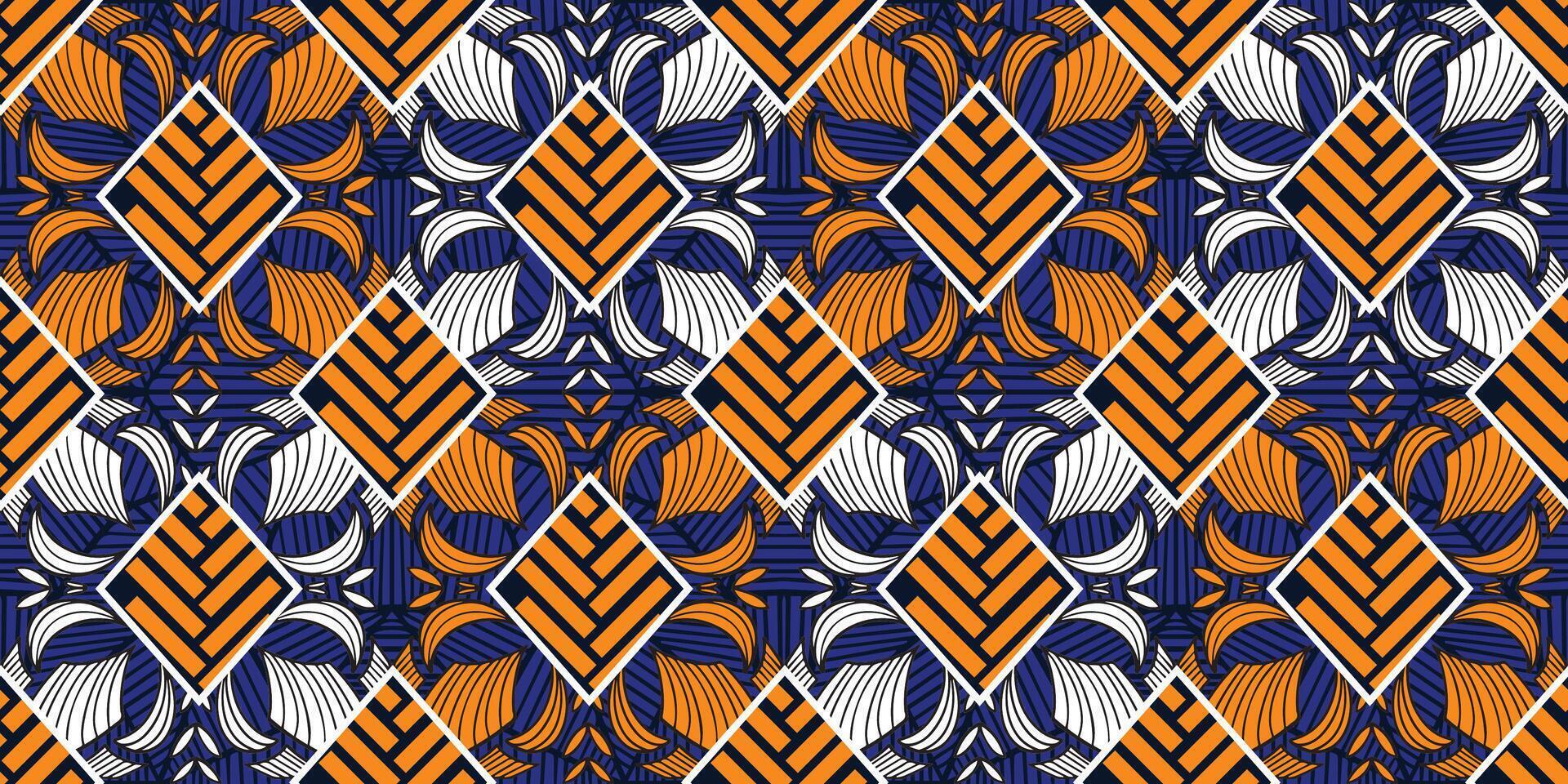 African wax prints. African ethnic traditional blue, orange pattern. seamless beautiful Kitenge, chitenge, dutch wax style. fashion design in rhombus. Leaf abstract motif. Leaf Ankara prints. vector