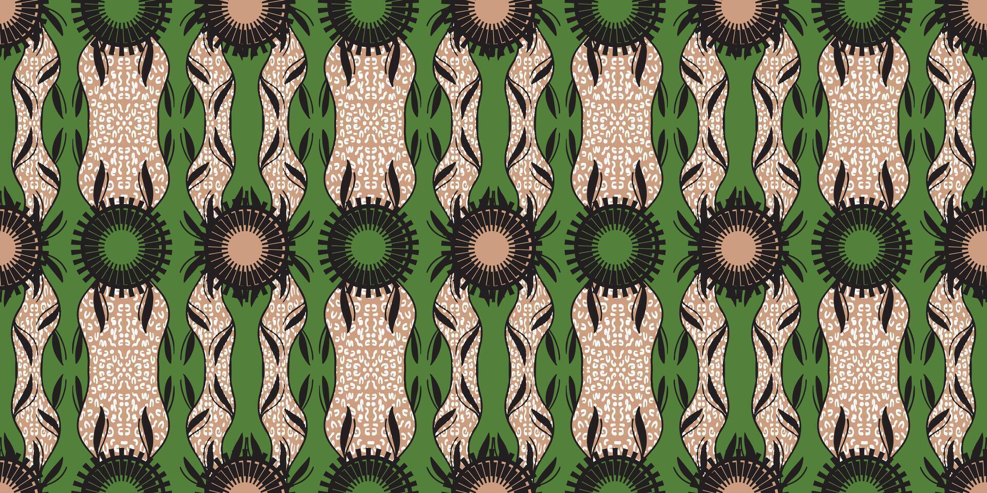 African ethnic green pattern. seamless beautiful Kitenge, chitenge,Ankara style. fashion design in colorful. Geometric circle abstract motif. Floral Ankara prints, African wax prints vector