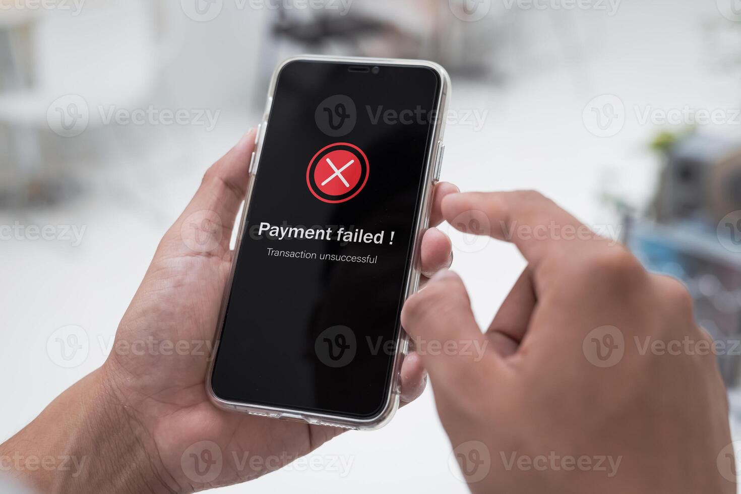 Payment failed, declined. Online financial transaction notification with red cross in application showing error on smartphone. Concept of online banking, transaction encryption and secure connection. photo