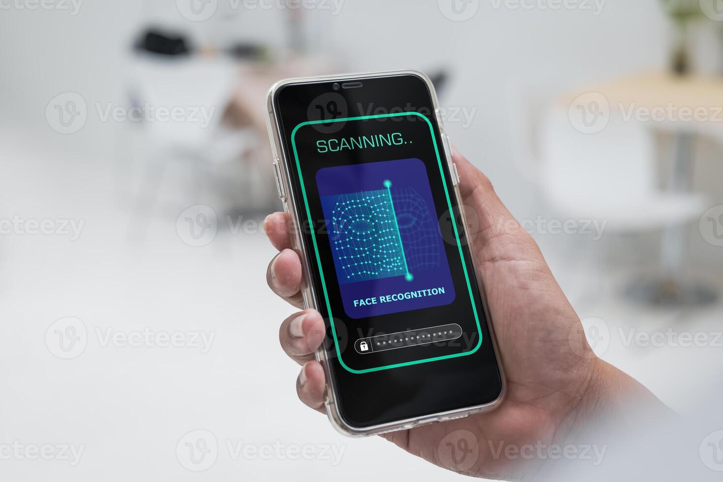 Security system with facial recognition, Face ID. Man unlocks smartphone with biometric identification scan, personal verification. photo