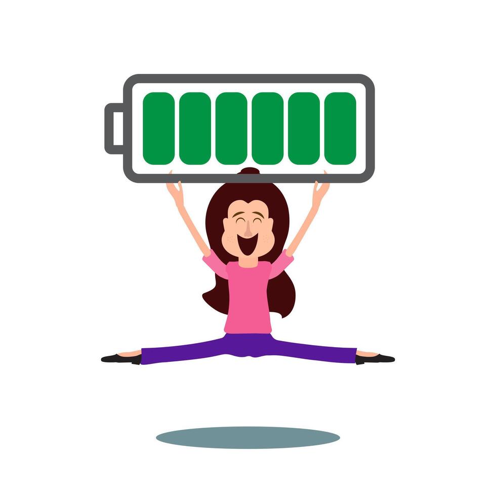 Full battery recharge concept. woman carrying full rechargeable battery. positive energy, having motivation to work. vector