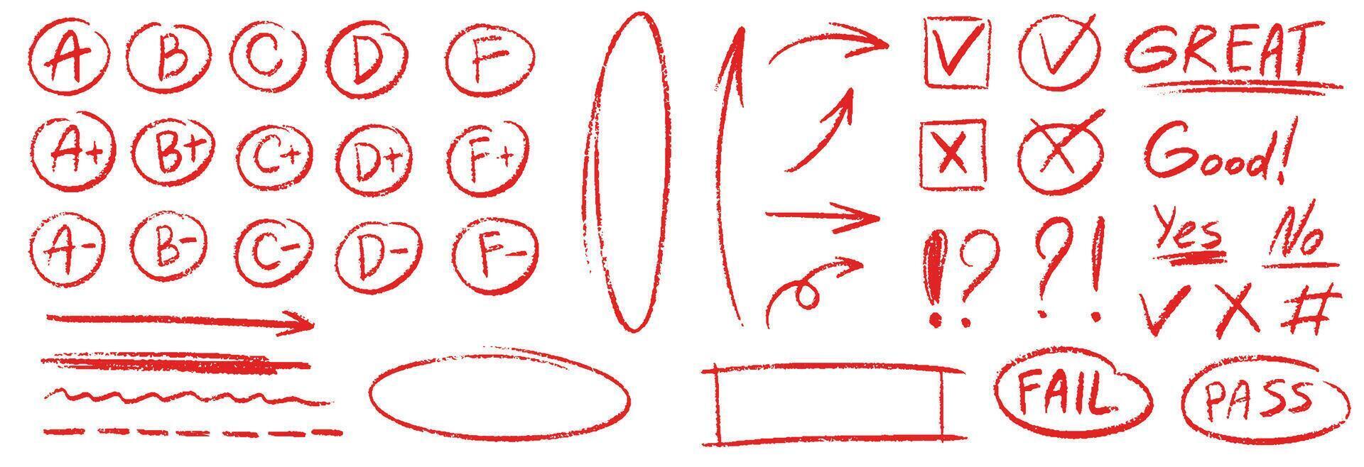 Exam grade test red pen mark. Crayon school test results different hand drawn signs. Teacher scores of student homework. handwritten scribble academic symbols on white background vector