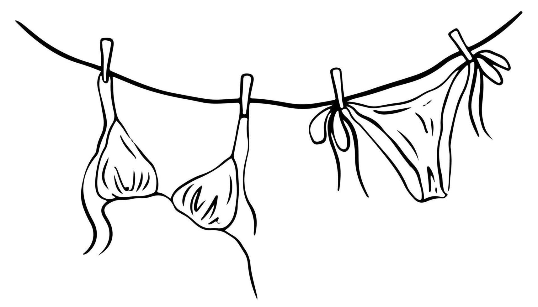 Drying swimsuit hanging on a rope. Bra and panties underwear laundry on the clothesline, summer beach bikini linocut doodle. Italian summer vacation doodle style illustration vector