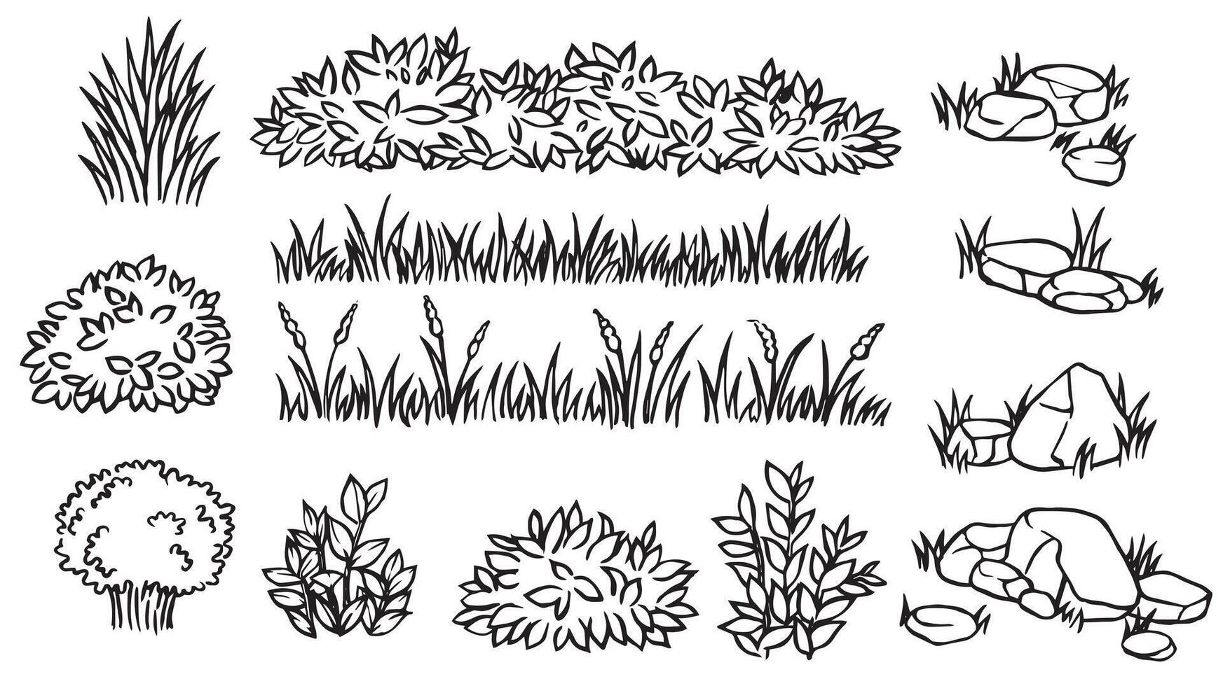 Set of landscape elements of different bushes, plants, grass and stones. Illustration in doodle style vector
