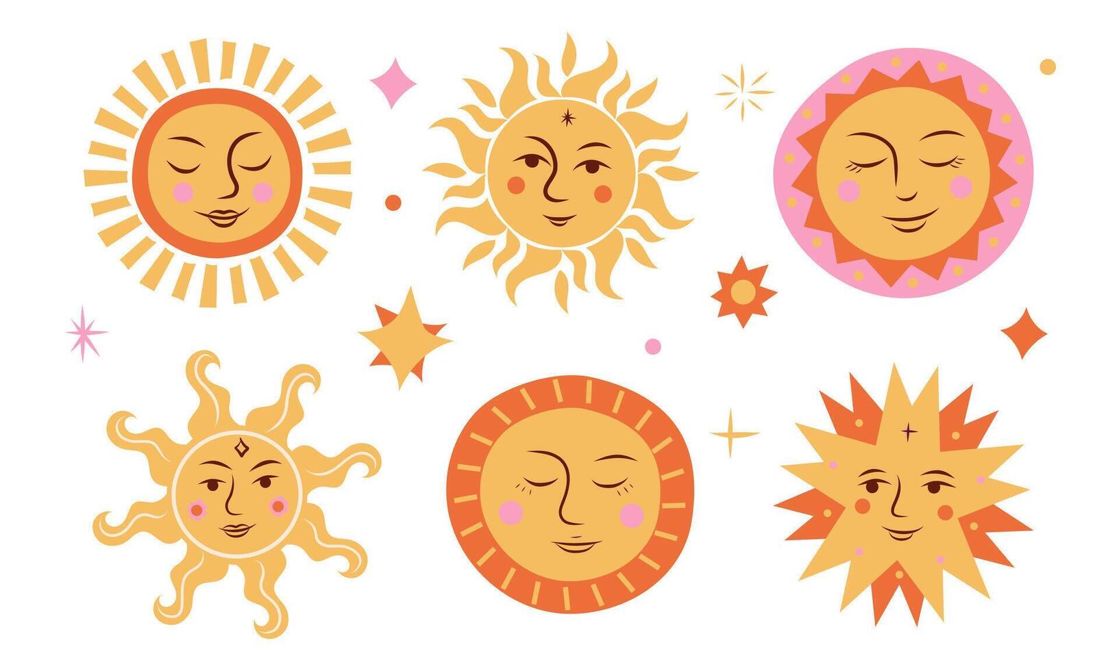 Colorful sun illustrations with smiling faces vector