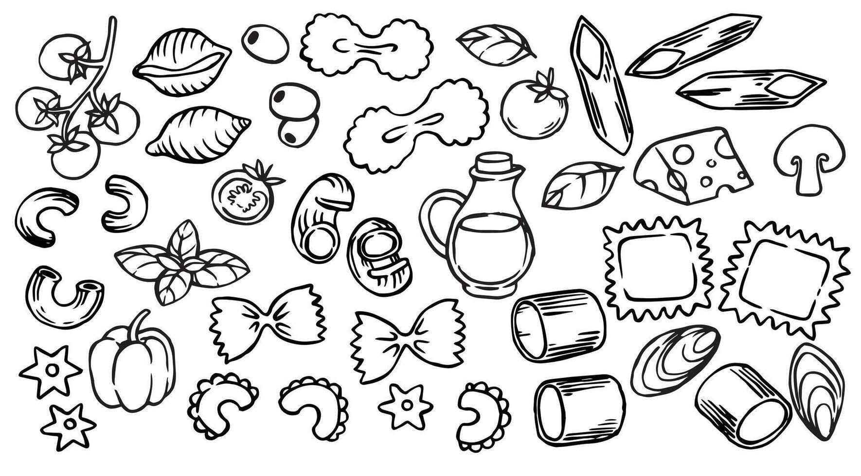 Set of ingredients for Italian pasta. Illustration in doodle style. vector