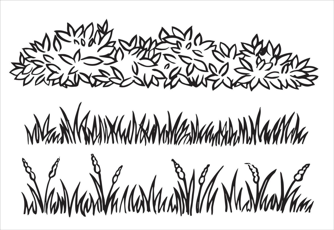 set of landscape elements, bushes, grass border. illustration in doodle style vector