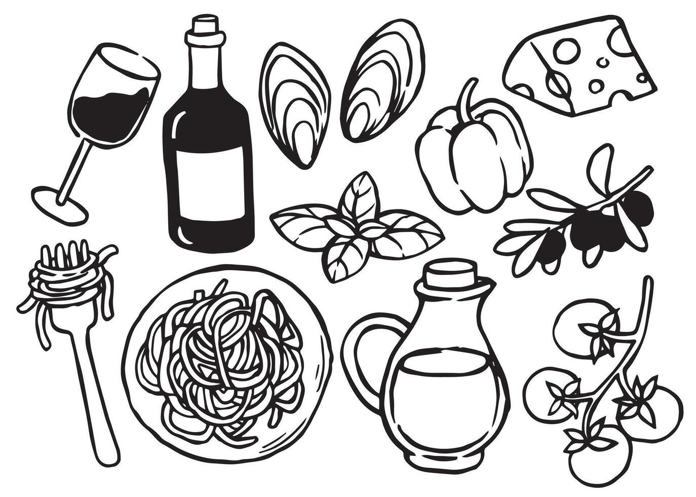 set italian cuisine. illustration in doodle style vector