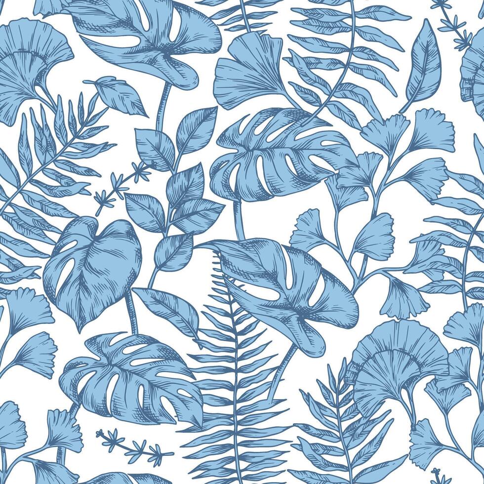Blue floral pattern with diverse leaves vector