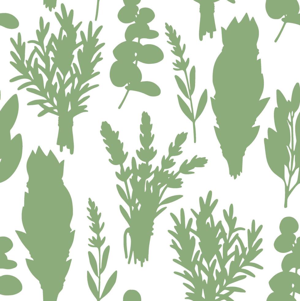 Seamless pattern with silhouette of medicinal herbs, rosemary, lavender, sage. Sketch style illustration. vector