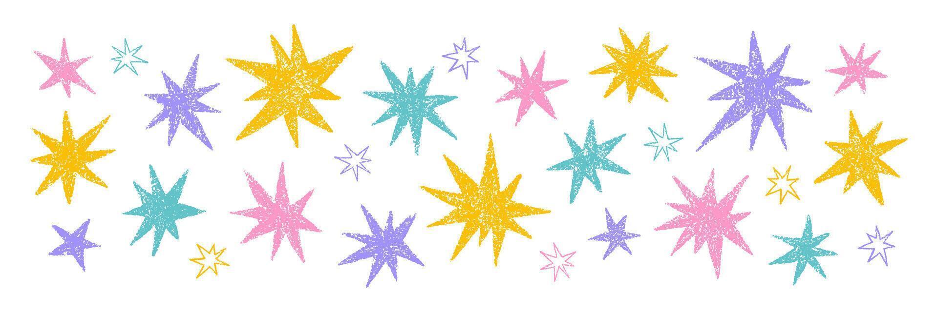 Crayon hand drawn doodle colorful stars set. Childish pencil drawing cosmic sparks and sparkles. texture illustration in pastel colors vector