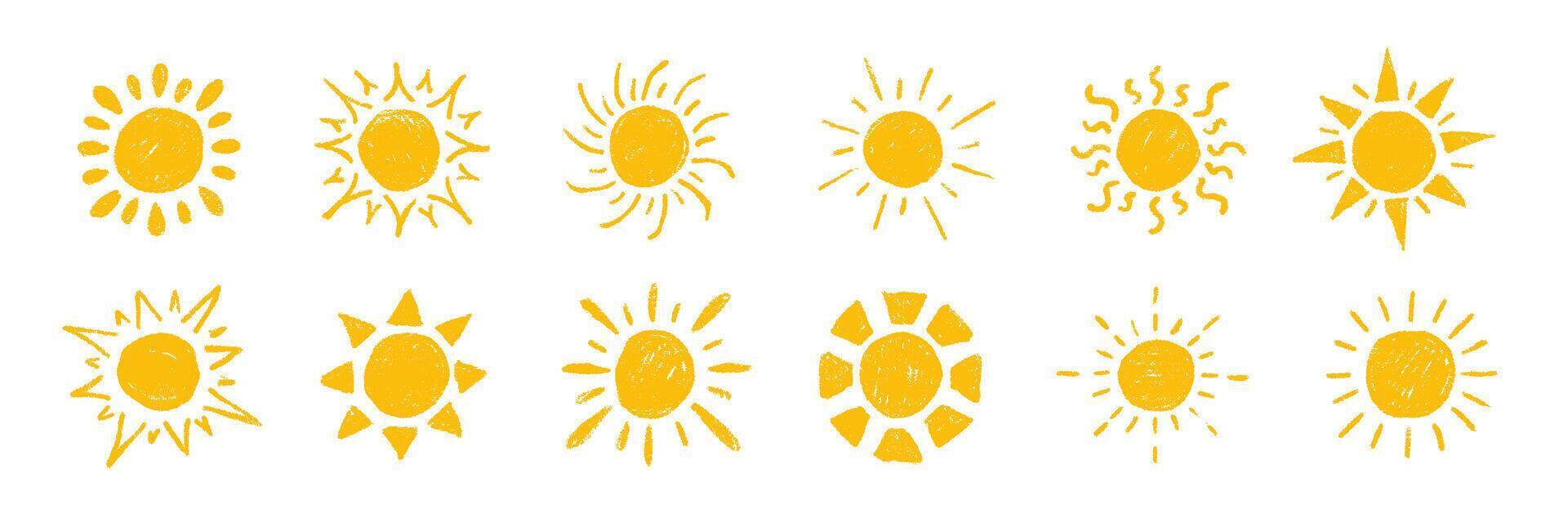 Crayon pencil hand drawn sun set. Chalk twinkle, blink, firework, silhouette and sparkles glowing symbols in sketch style. doodle texture illustration vector