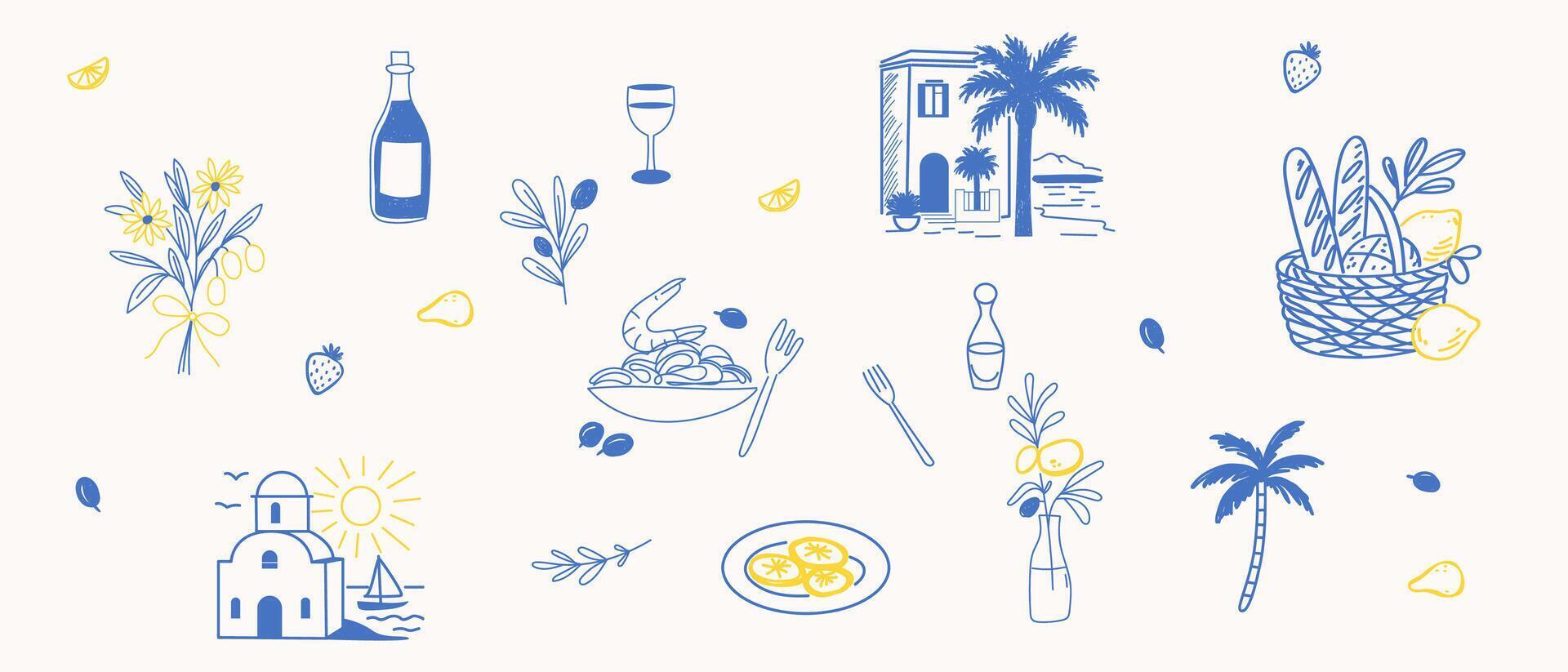 Sketch Vintage Amalfi Style Element. Mediterranean life Atmosphere Food Drink Symbol. Hand Drawn Travel Card, Wedding Invitation, Poster Print Design, Postcard Surface. Outline Line Stroke Icon Art. vector