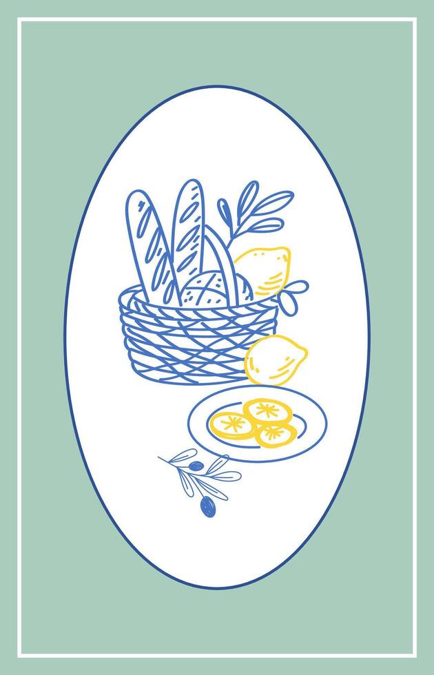 Outline Bread Baguette Basket Art. Romantic Picnic Bakery Food Ingredients Sketch Line Art. Mediterranean Travel Vacation Atmosphere. Tourism Agency Card Print. Doodle Hand Drawn Sketch Bread vector