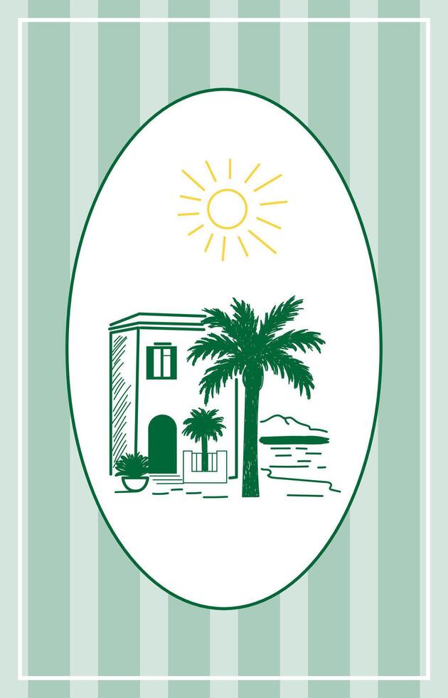 Line House and Palm Tree on Island Illustration. Tropical Travel rest Theme. Outline Sketch Contour Drawn Art. Travel Agency Card Invitation Poster Decoration Design. vector
