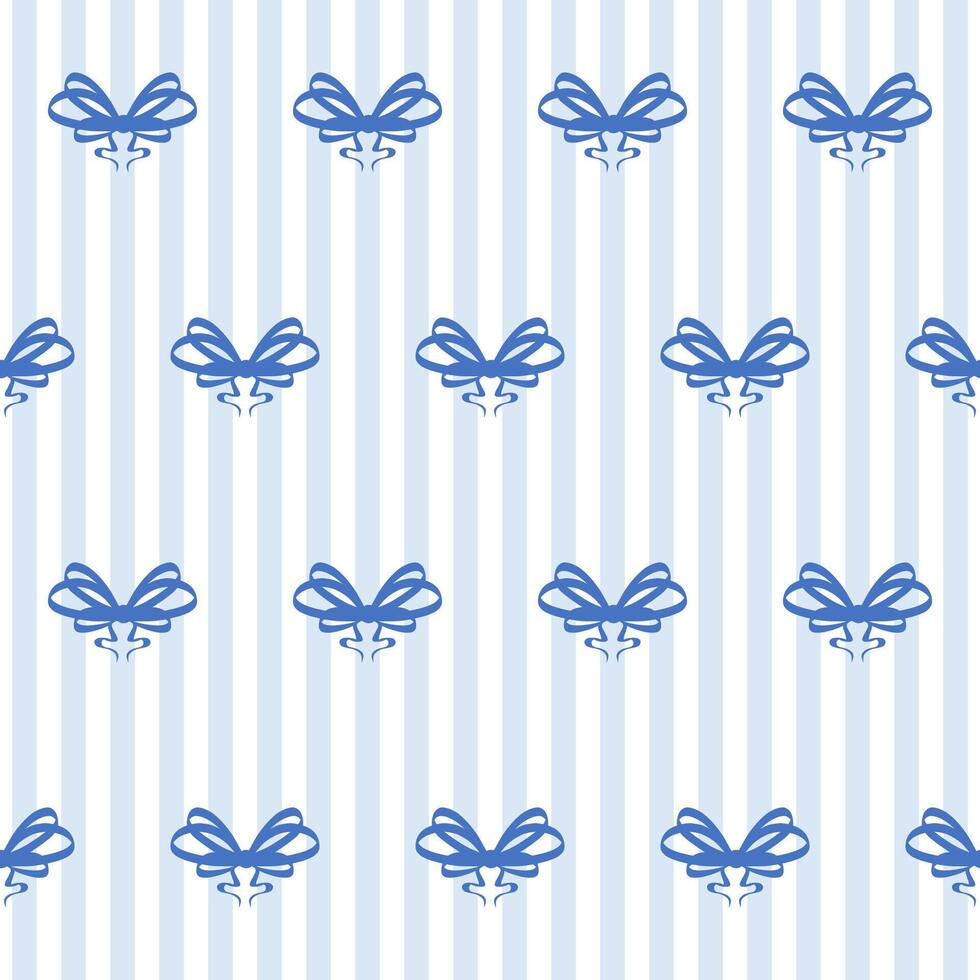 Coquette Outline Blue Bow Seamless Pattern Background. Sketch Ink Ribbon Vintage Wrapping Paper Print. Whimsical Doodle Line Contour Stroke Textile Swatch. Girly Dairy Striped Sophisticated Surface vector
