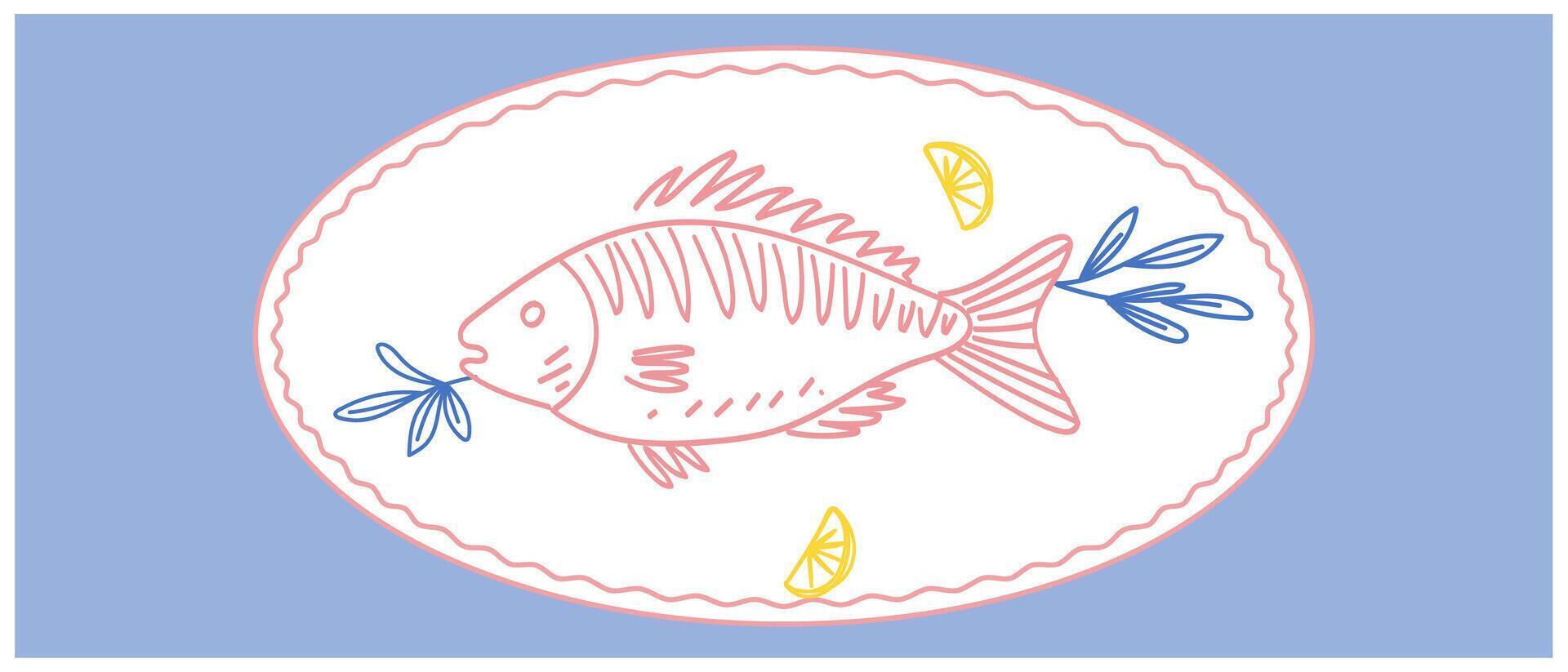 Outline Fish Poster. Sketch Vintage Amalfi Style Card. Mediterranean Food Healthy Eating Symbol. Hand Drawn Travel Card, Cafe or Restraint Menu, T Shirt Print Design, Postcard Surface. Contour Art vector