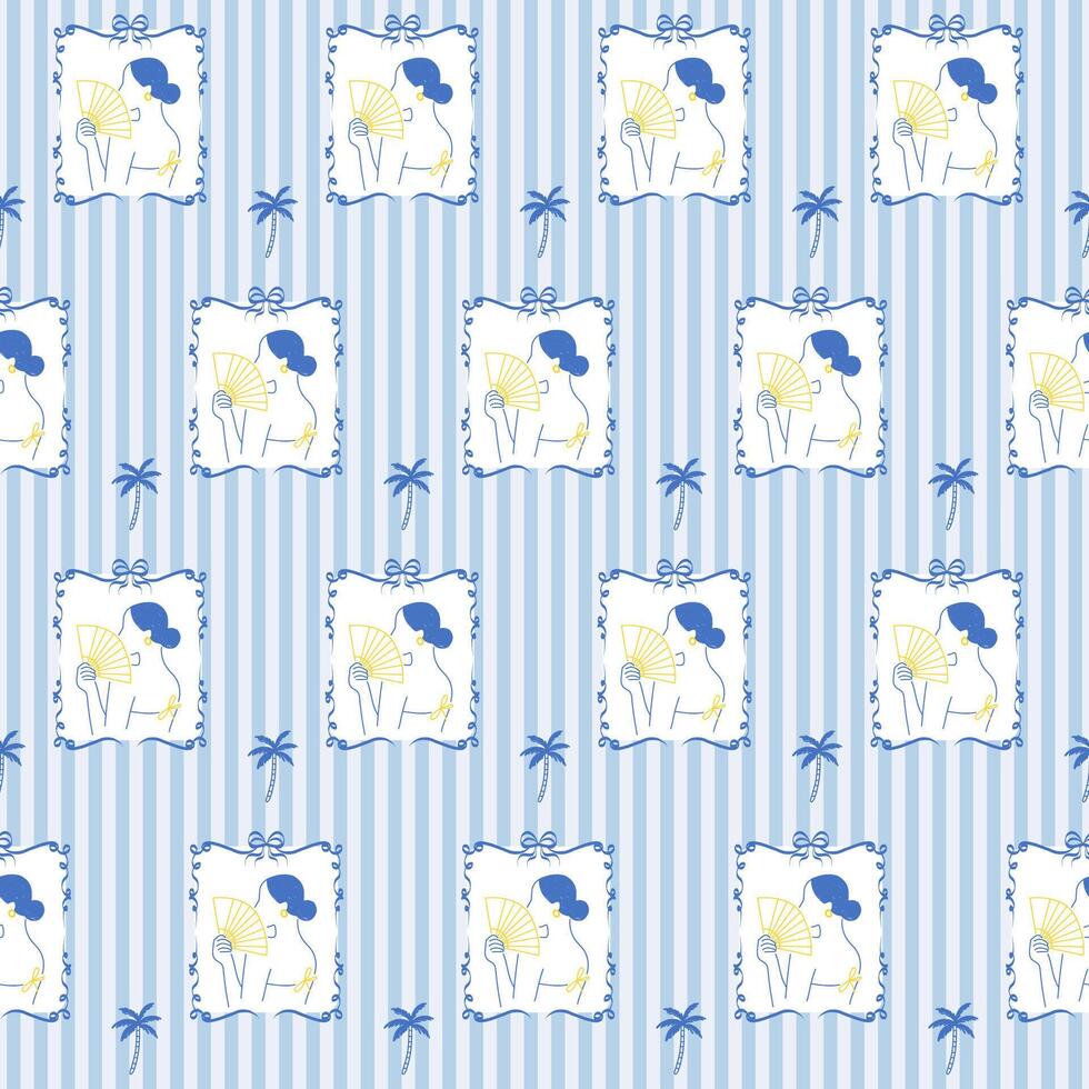 Seamless Outline Woman Character with Fan Portrait. Spanish Style. Mediterranean Life Vintage Art. Whimsical Doodle Line Flower Stroke Symbol Textile Swatch. Girly Dairy Striped Sophisticated Surface. vector