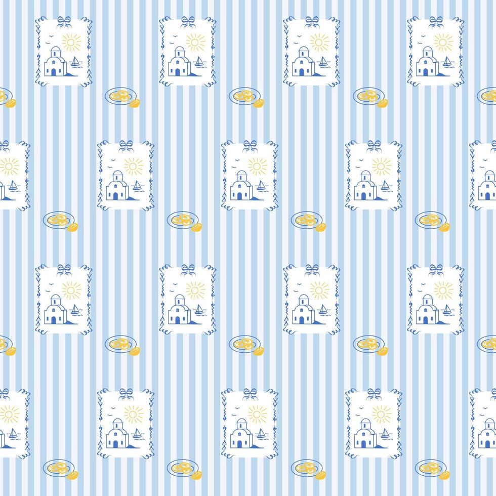 Outline Building House and Boat Seamless Pattern. Sketch Vintage Wrapping Paper Print. Doodle Line Mediterranean Amalfi Style Stroke Symbol Textile Swatch. Striped Minimalist Hand Drawn Surface Design vector