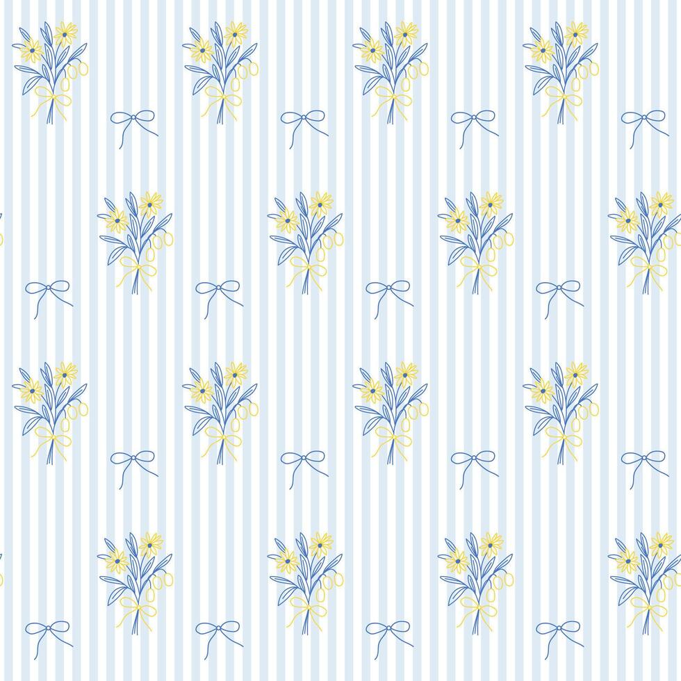 Coquette Outline Bouquet Seamless Pattern Background. Sketch Floral Vintage Wrapping Paper Print. Whimsical Doodle Line Flower Stroke Symbol Textile Swatch. Girly Dairy Striped Sophisticated Surface vector
