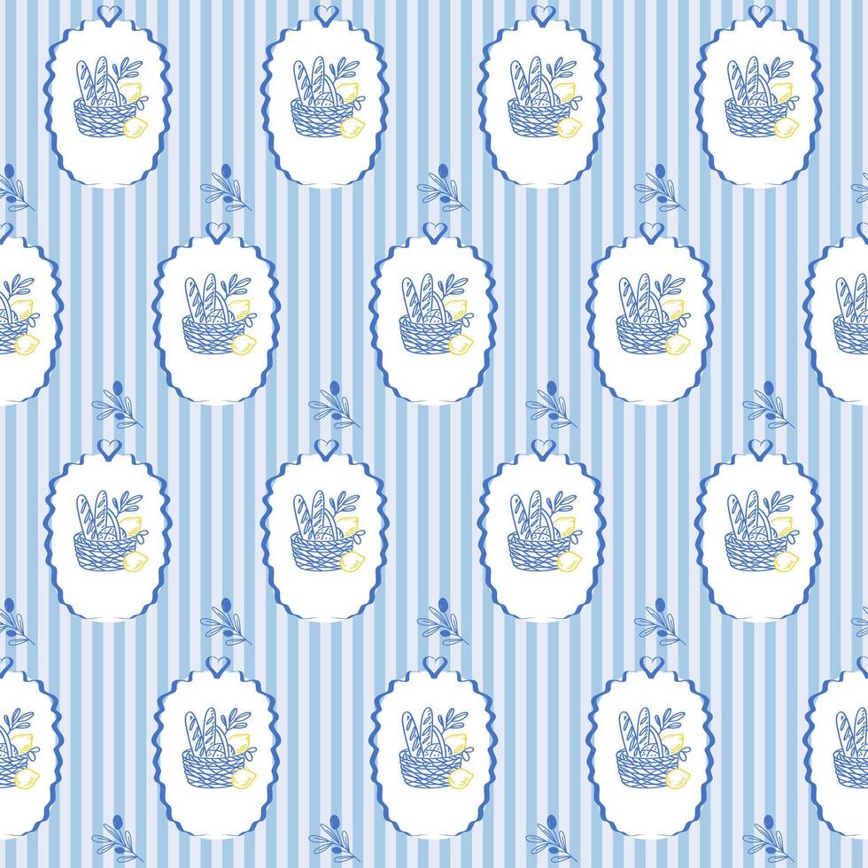 Seamless Outline Bread Baguette Basket Pattern Background. Sketch Vintage Wrapping Paper Print. Doodle Line Mediterranean Amalfi Style Stroke Symbol Textile Swatch. Striped Hand Drawn Surface Design vector