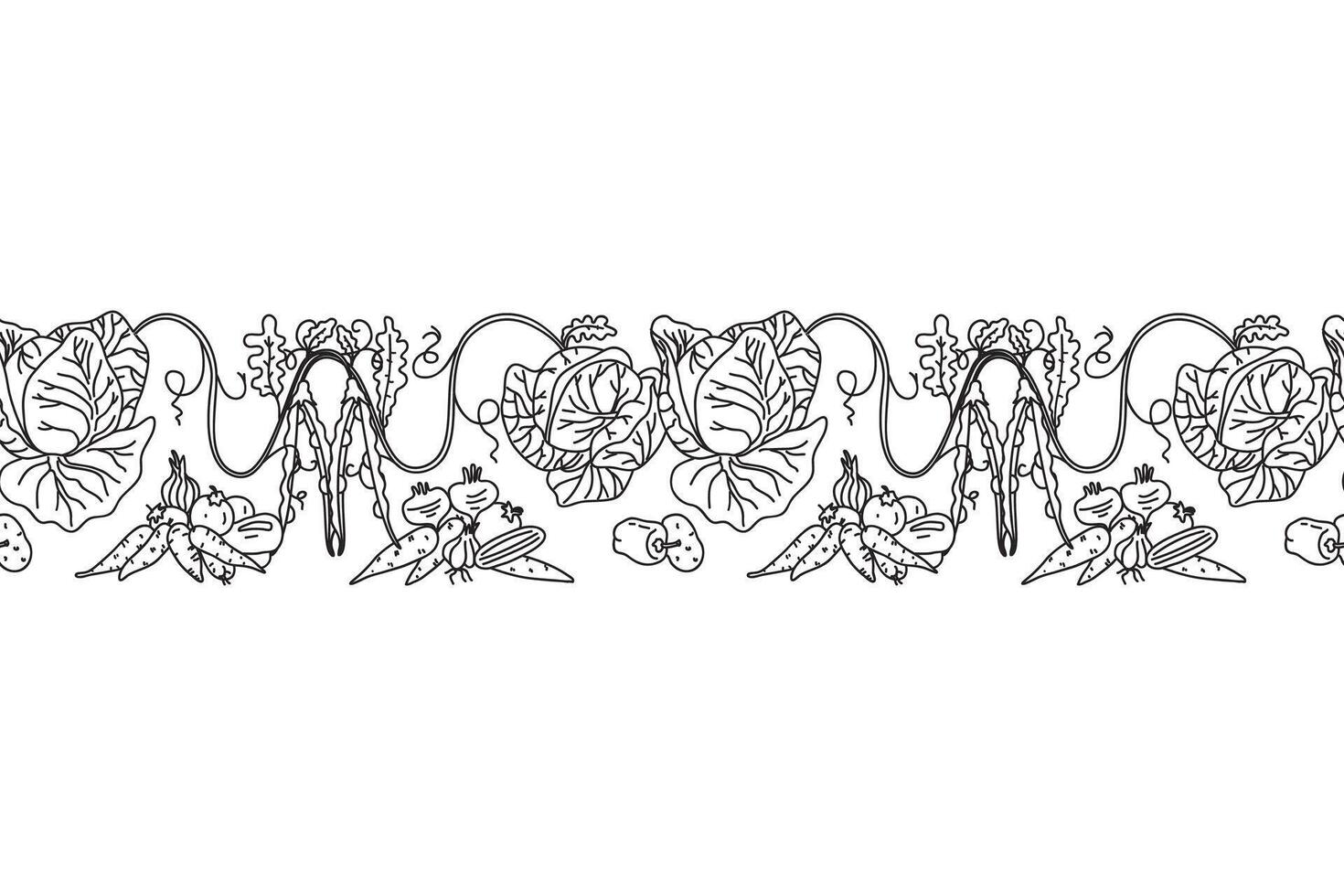 Line art botanical decorative different vegetables horizontal border seamless pattern isolated on white background. Hand drawn outline veggies with Cabbage Carrot Peas Pepper Onion, design Card vector