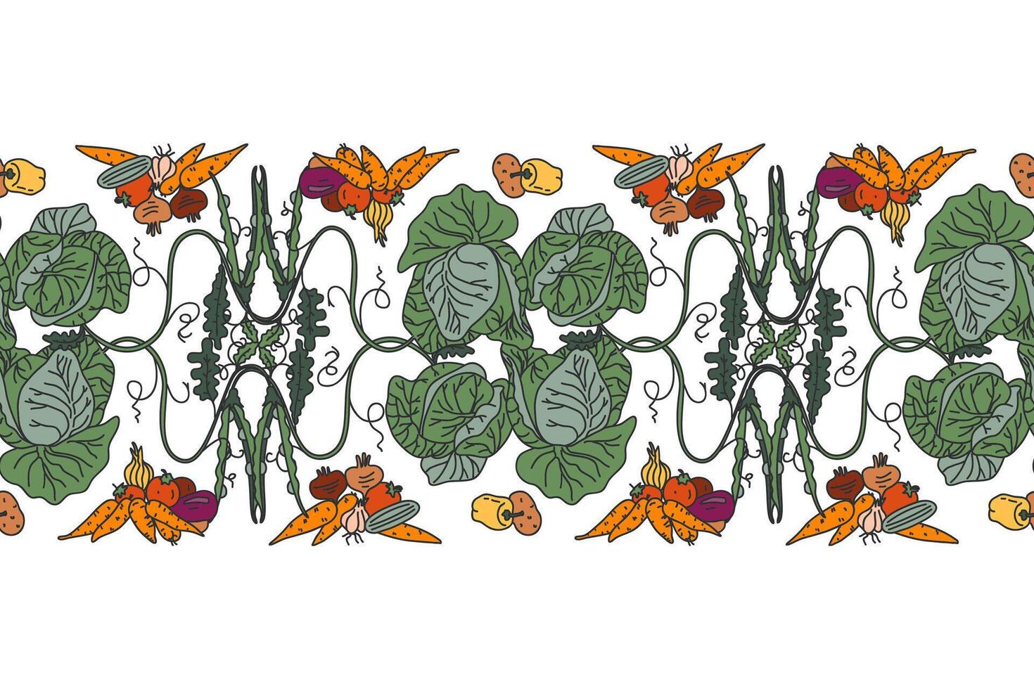 Botanical decorative different vegetables horizontal seamless pattern border isolated on white background. Hand drawn colorful veggies plants with Cabbage Carrot Peas Pepper Onion illustration vector