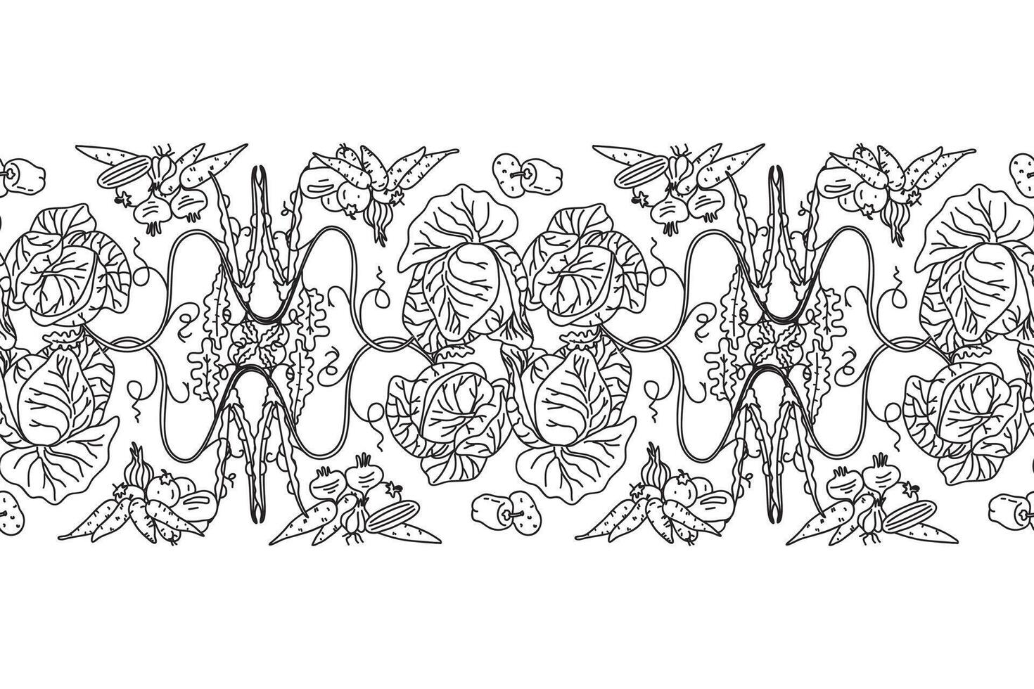 Line art botanical decorative different vegetables horizontal border seamless pattern isolated on white background. Hand drawn outline veggies with Cabbage Carrot Peas Pepper Onion. design banner vector