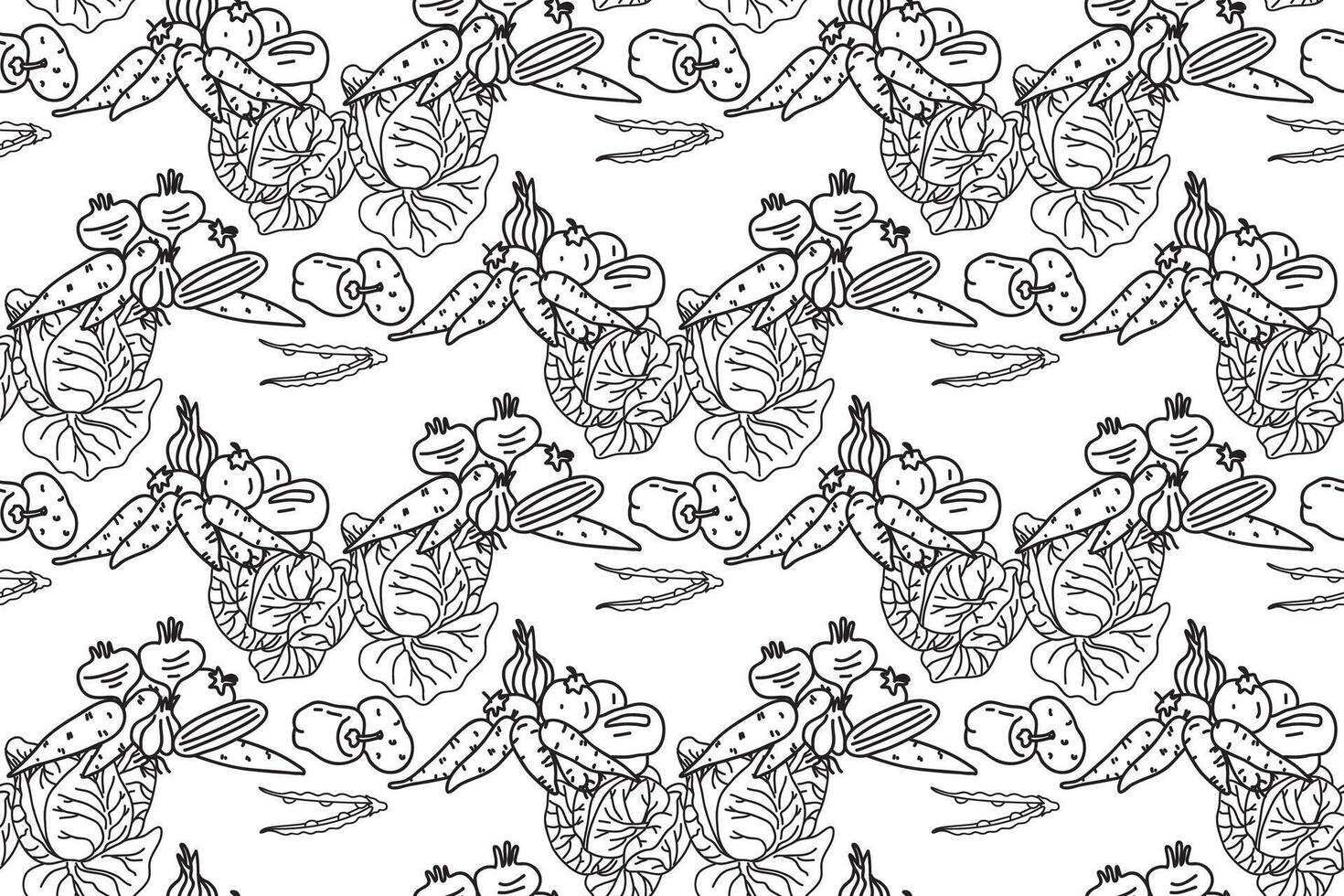Line art botanical vegetables seamless pattern illustration. Repeating different veggies with Cabbage Carrot Peas Pepper Onion Tomato in white background. Graphic design for Cover Card vector