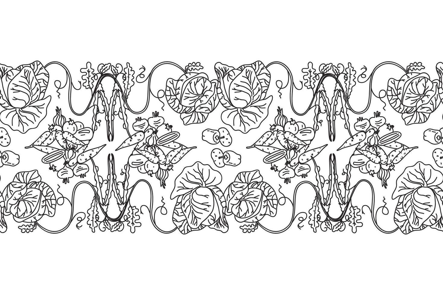 Line art botanical decorative different vegetables horizontal border seamless pattern isolated on white background. Hand drawn outline veggies with Cabbage Carrot Peas Pepper Onion design graphic vector
