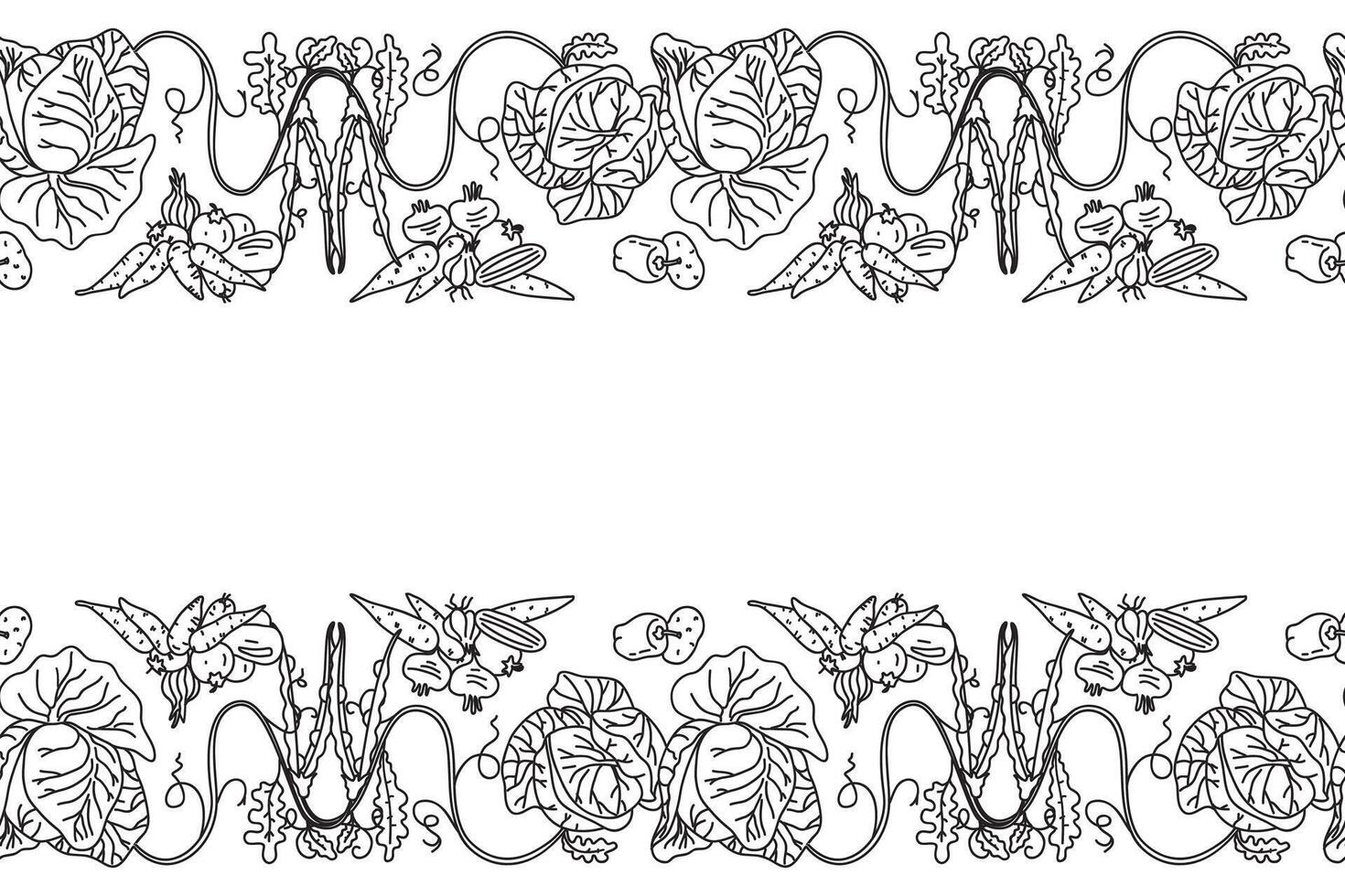 Line art botanical decorative different vegetables horizontal border seamless pattern isolated on white background. Hand drawn outline veggies with Cabbage Carrot Peas Pepper Onion. illustration vector