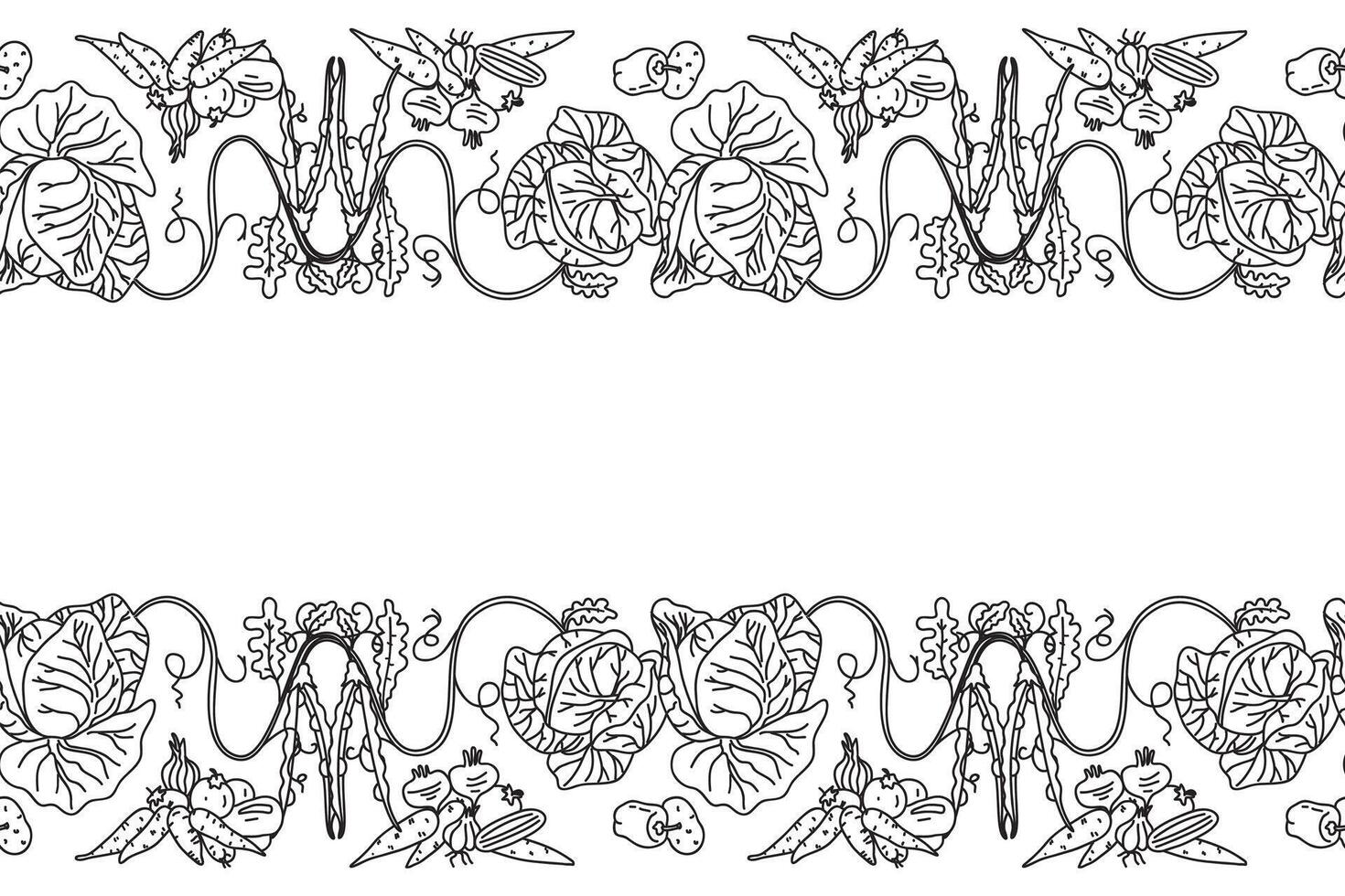 Line art botanical decorative different vegetables horizontal border seamless pattern isolated on white background. Hand drawn outline veggies with Cabbage Carrot Peas Pepper Onion. design Card vector