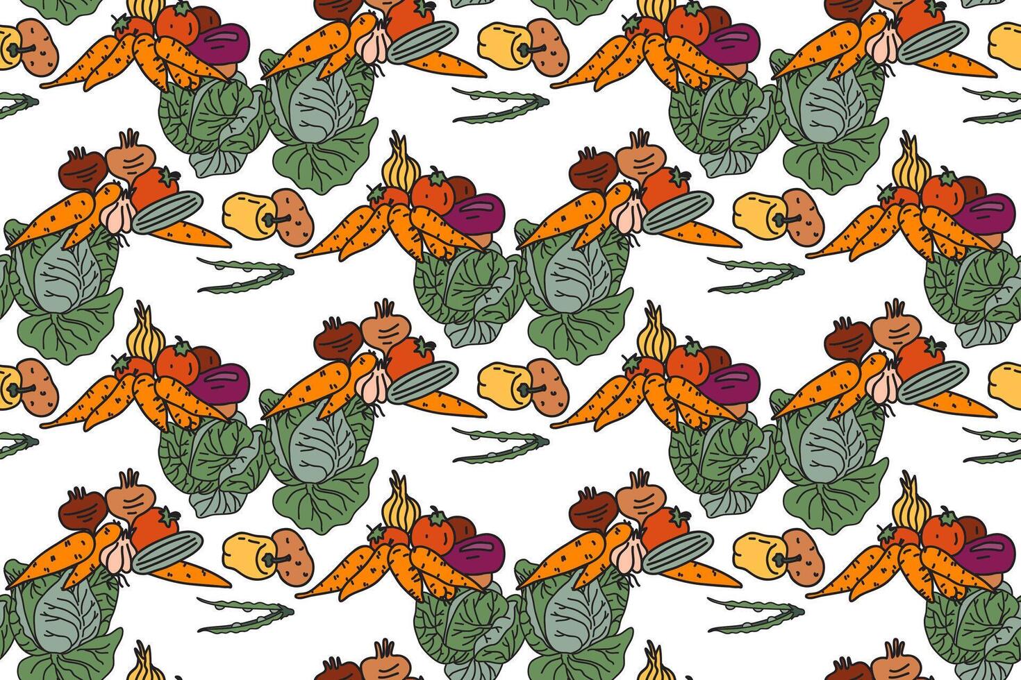 Botanical colorful vegetables seamless pattern illustration. Repeating cartoon different veggies with Cabbage Carrot Peas Pepper Onion Tomato in white background. Graphic design for Cover Card vector