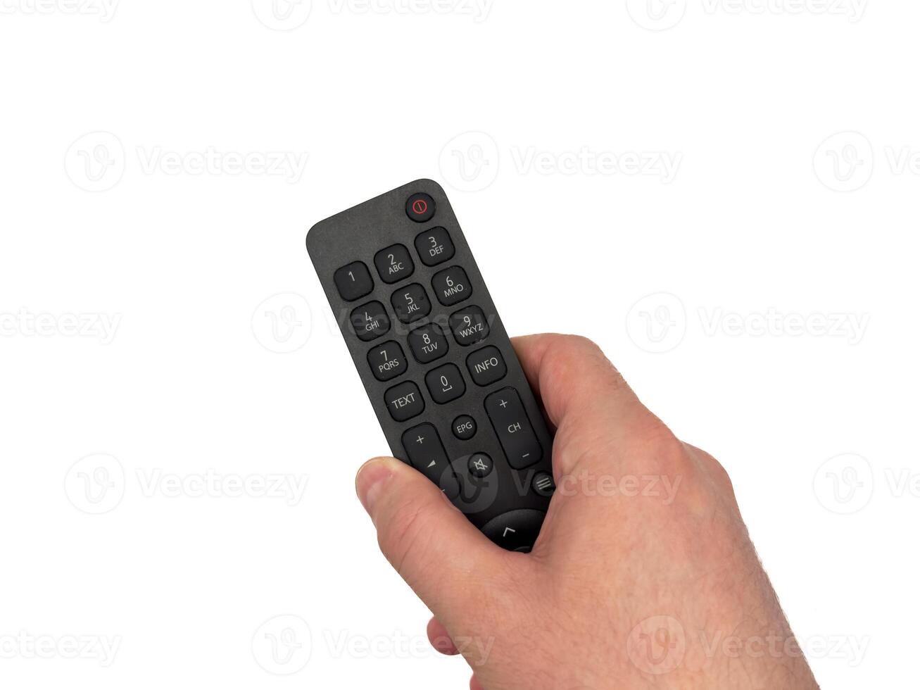 White male hand on white background presses buttons on TV remote control, TV channels with remote control, for banners, for TV advertising. Copy space, flay lay, top view. photo