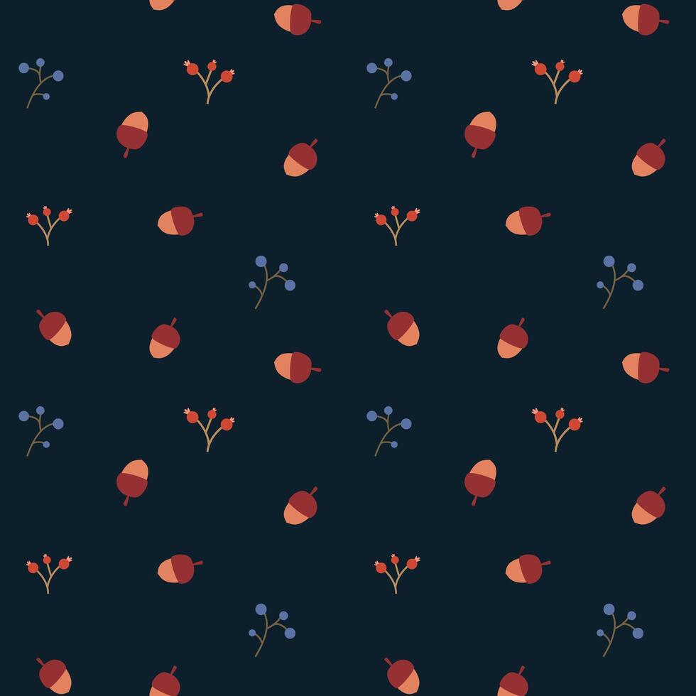 Seamless autumn pattern with acorns and berries on a dark background. Suitable for autumn textiles, print for umbrellas, bedding, bedspread, wallpapers, cover vector