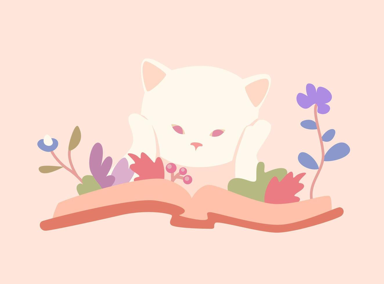 A cosy illustration of a cute white cat reading a book with leaves, berries and flowers peeking out. Delicate illustration in warm, pastel colours. Great for greeting cards, print, stationery vector