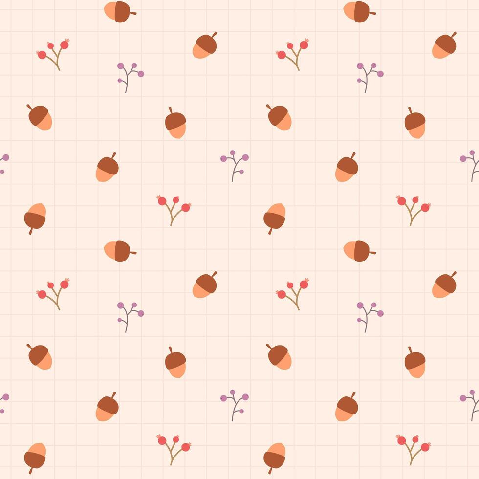 A seamless autumn pattern with acorns and berries on a light cream background with a grid. Perfect for autumn textiles, wallpapers, bed prints, pyjamas, umbrellas, raincoats, bedding vector