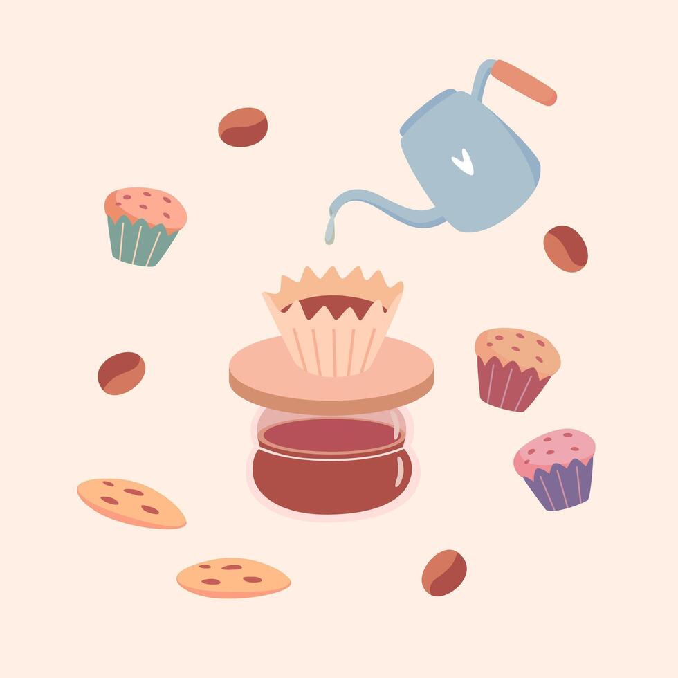 A cute coffee set with alternative coffee brewing, pour over, a cute teapot, desserts and coffee beans. Suitable for branding, stickers, badges, coffee shop design, cafes, greeting cards, vector
