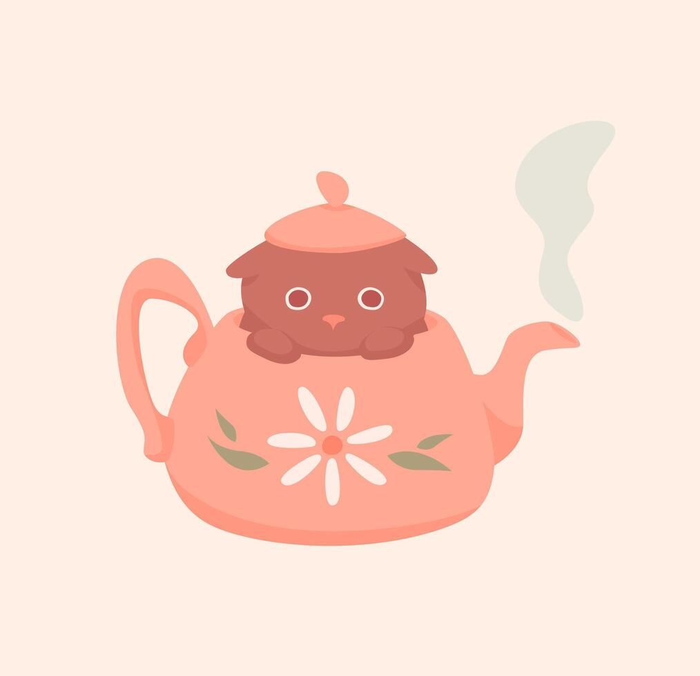 A funny, cosy cat peeking out of a teapot. Warm pastel shades of brown and beige. Perfect for stickers, greeting cards, autumn decor, social media posts, prints and stationery. vector