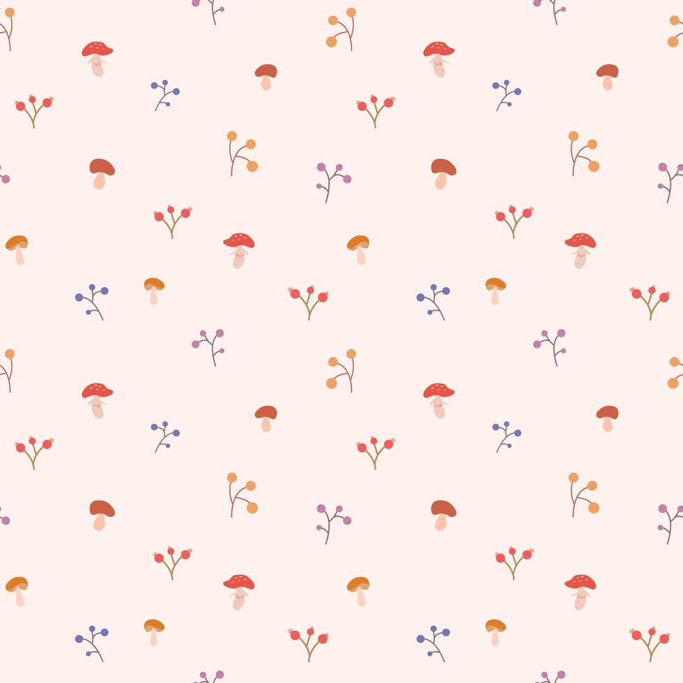 Cosy autumn seamless pattern with mushrooms and berries on a light background. Perfect for autumn textiles, prints, bedding, pillows, bedspreads, wallpaper vector