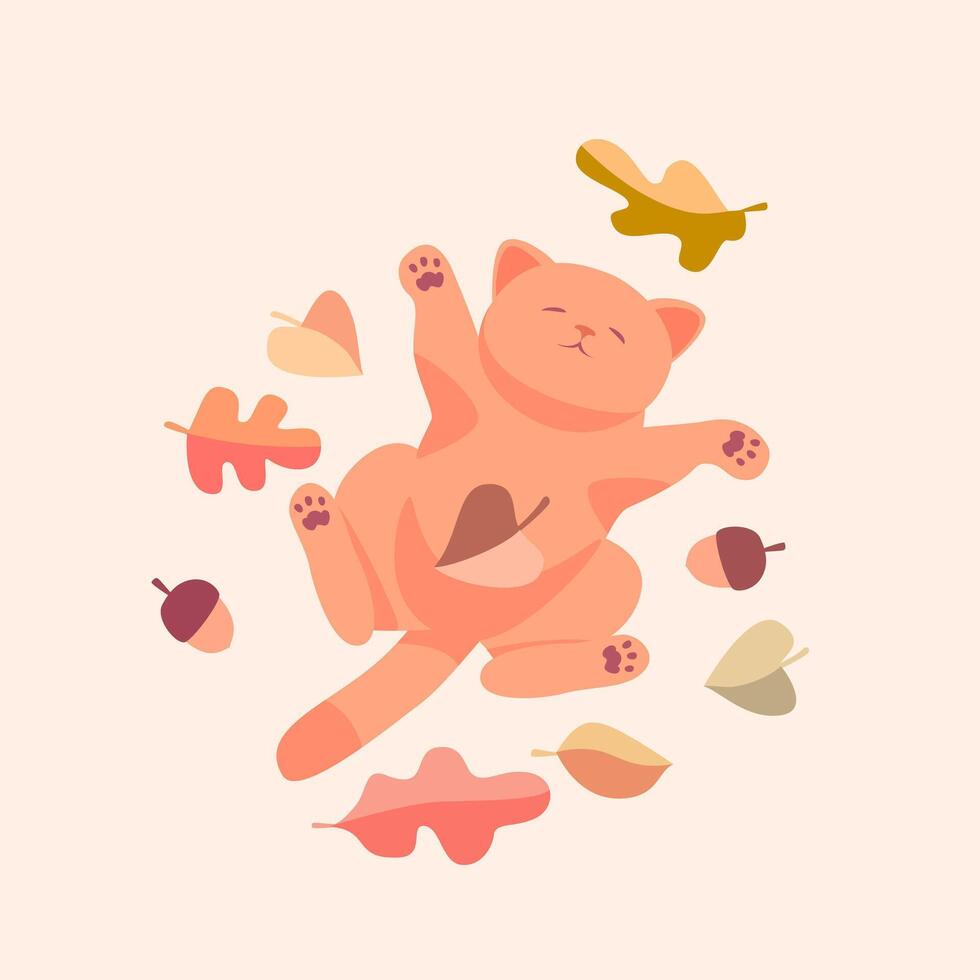Cosy autumn illustration of a cute cat lying in yellow leaves. Warm, pastel colours, autumn mood. Perfect for stickers, greeting cards, autumn decor, or social media graphics, print, stationery vector