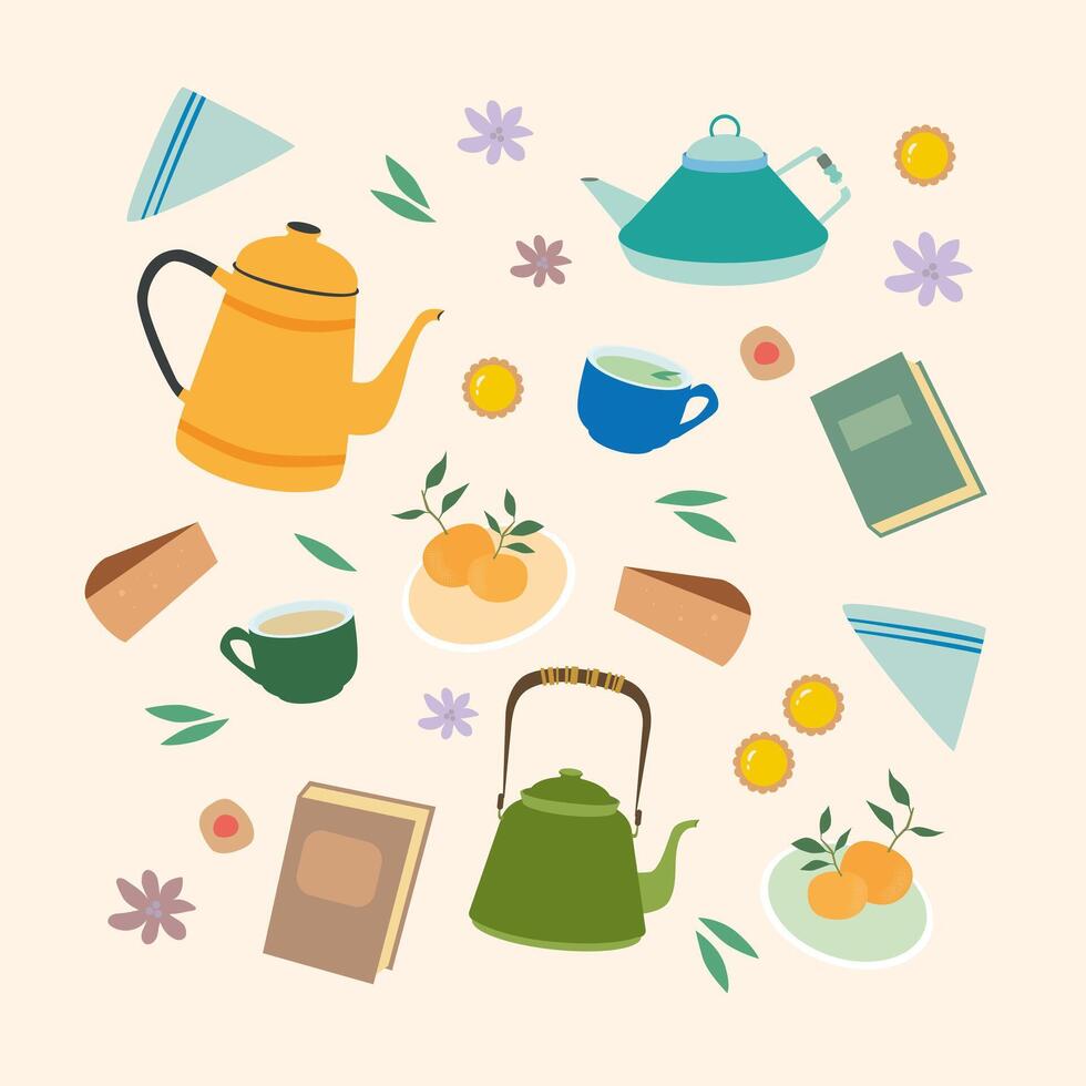 Teapots, cups, and treats illustration vector