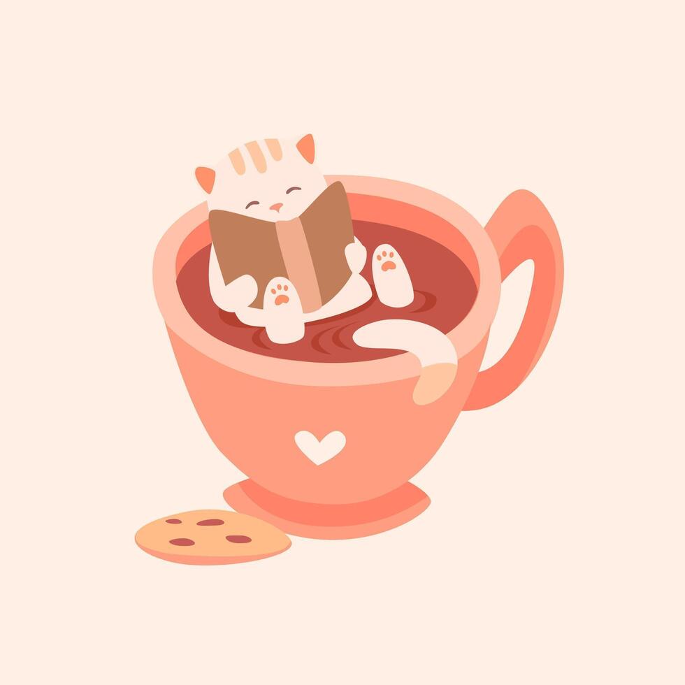 Cosy illustration of a cute cat reading a book in a cup of hot drink. Great for greeting cards, prints, bookstore, cafe, coffee shop, textiles, packaging. Gentle, warm, beige, pink colours vector