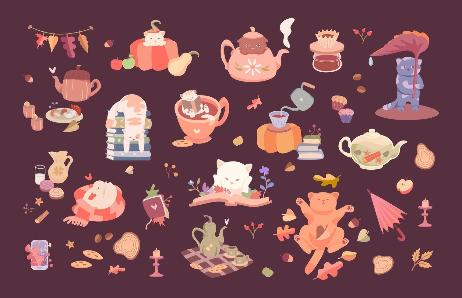 Cute autumn tea party with cats vector