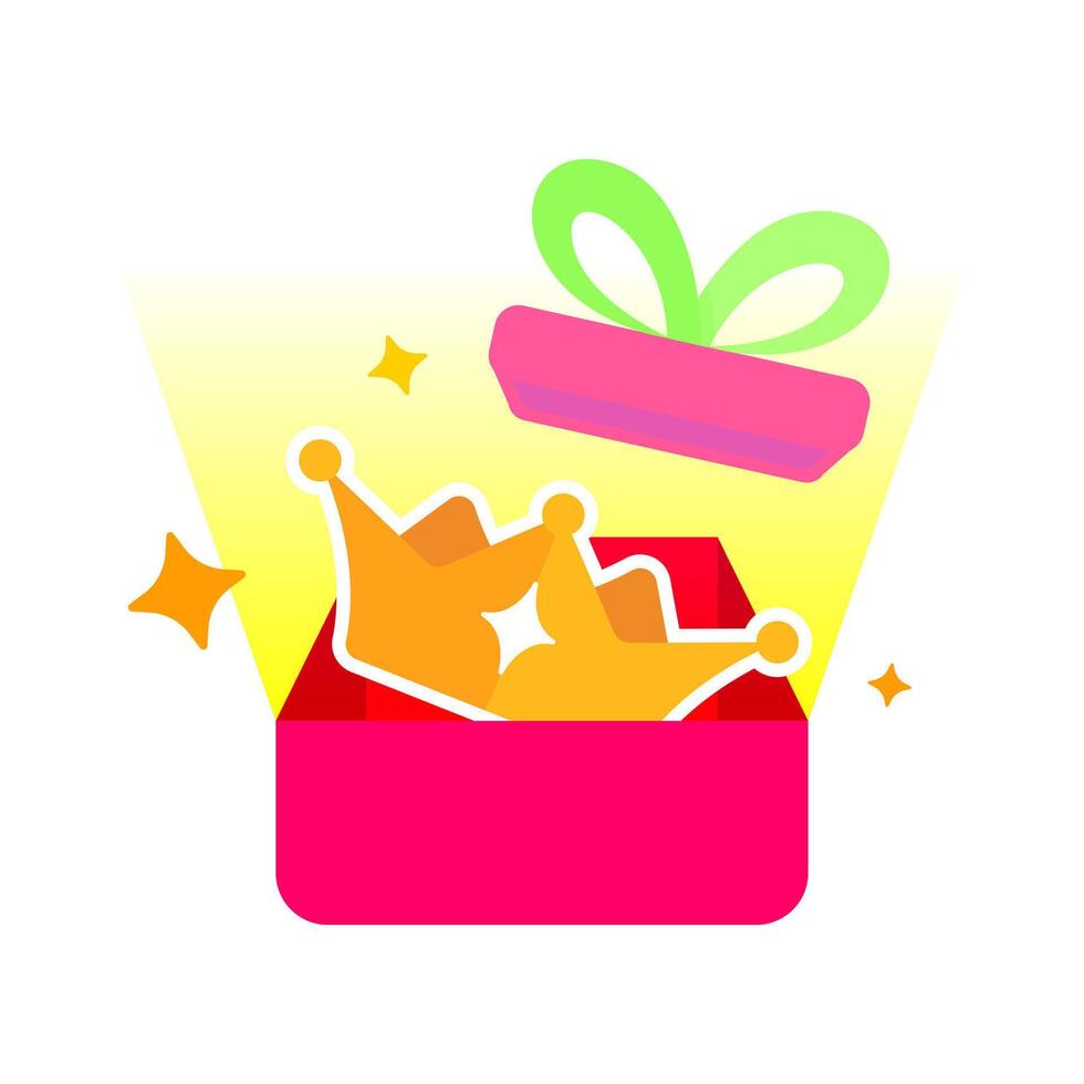 Illustration of crown popping out of gift box. free trial access to premium or VIP features. for concepts of limited time offer, special access, exclusive trial, or premium membership giveaway vector